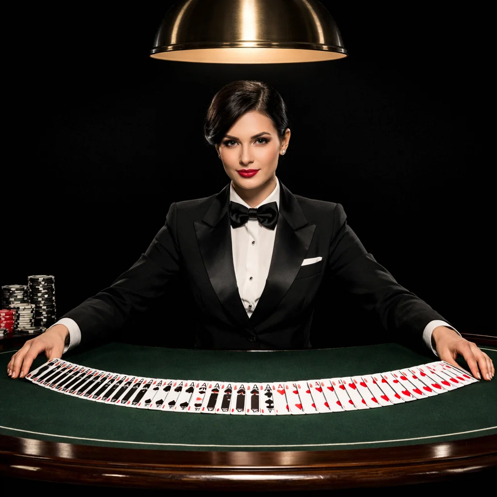 Waaier van speelkaarten op een zwarte casinotafel